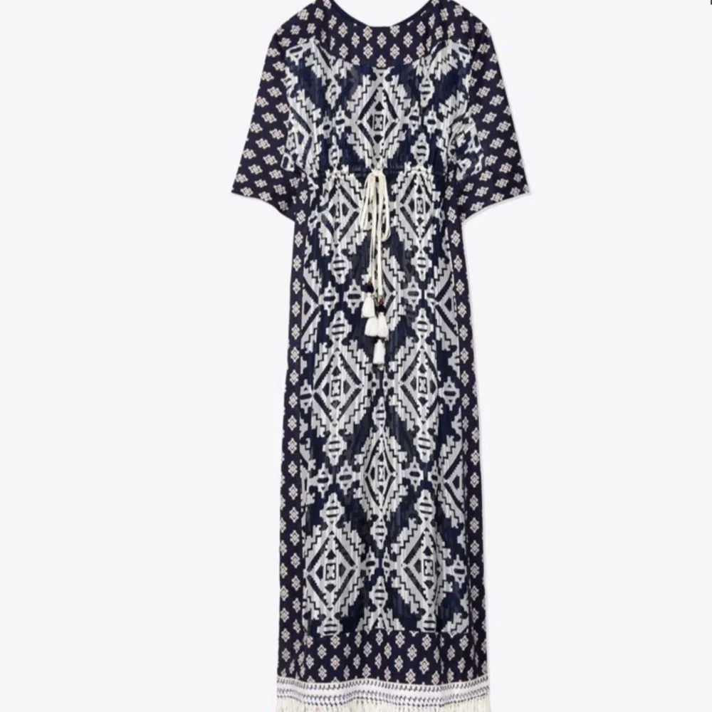 TORY BURCH Beatrice Blue White Geometric Fringe Caftan Beach Cover Up Dress